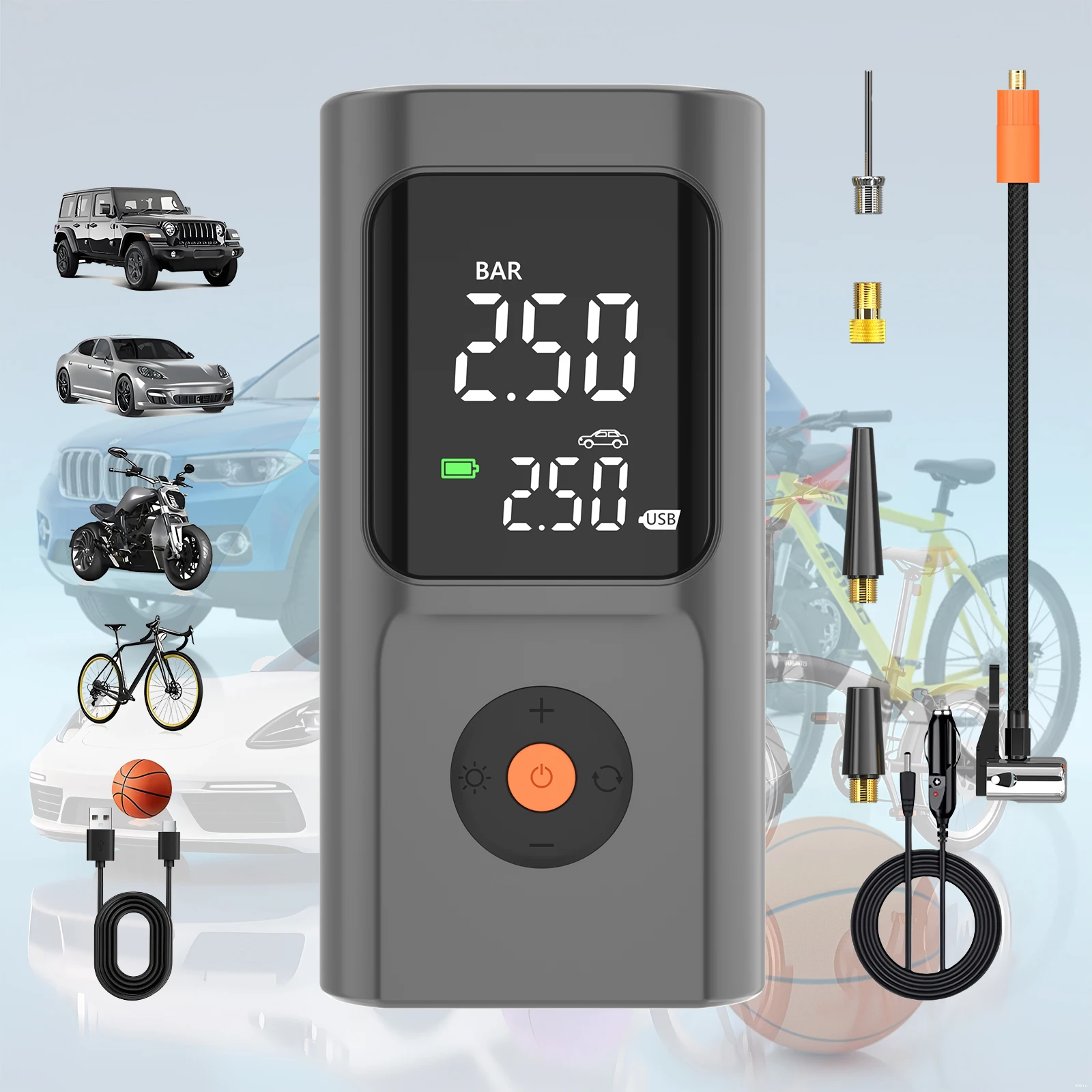Air Pump Tire Inflator Portable Air Compressor for Car Tires with Digital Pressure Gauge LED Light and Auto Shut-Off Function