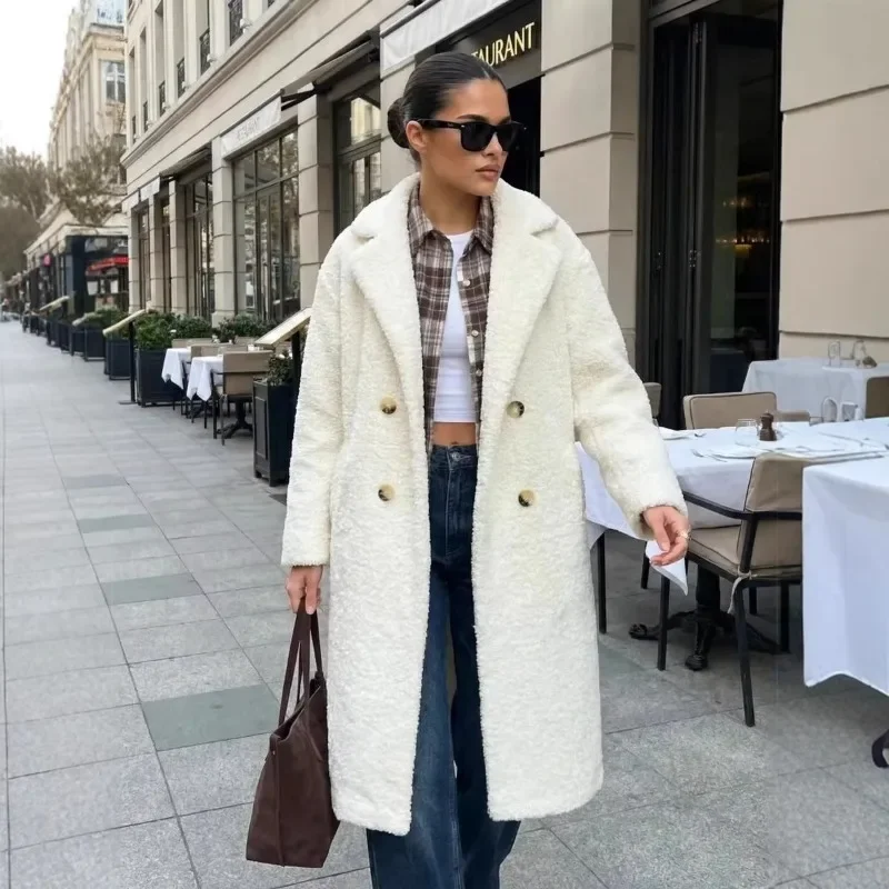 Fashionable Women's Clothing for Winter Eco-friendly Artificial Fur Coat Extended Suit Collar Double-breasted Belt Lambskin Coat