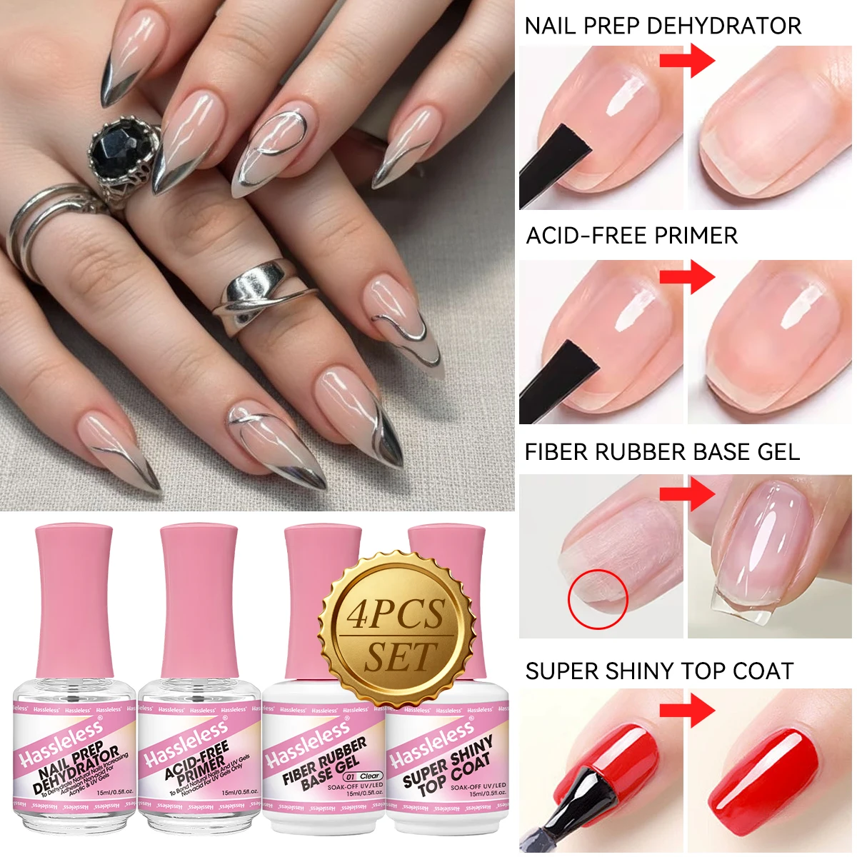 Set de 4 piezas sin complicaciones: Líquido equilibrante + Agente adhesivo + Base de fibra (transparente) + Capa selladora ultrabrillante, Deshidratador y adhesivo para pretratamiento de uñas, 15 ml cada uno, Fórmula sin ácido, Set de capa base y capa selladora, Reparación rápida de uñas, Crea uñas duraderas y fuertes, Herramientas de manicura para el hogar y salones de uñas, Regalo perfecto para mujeres