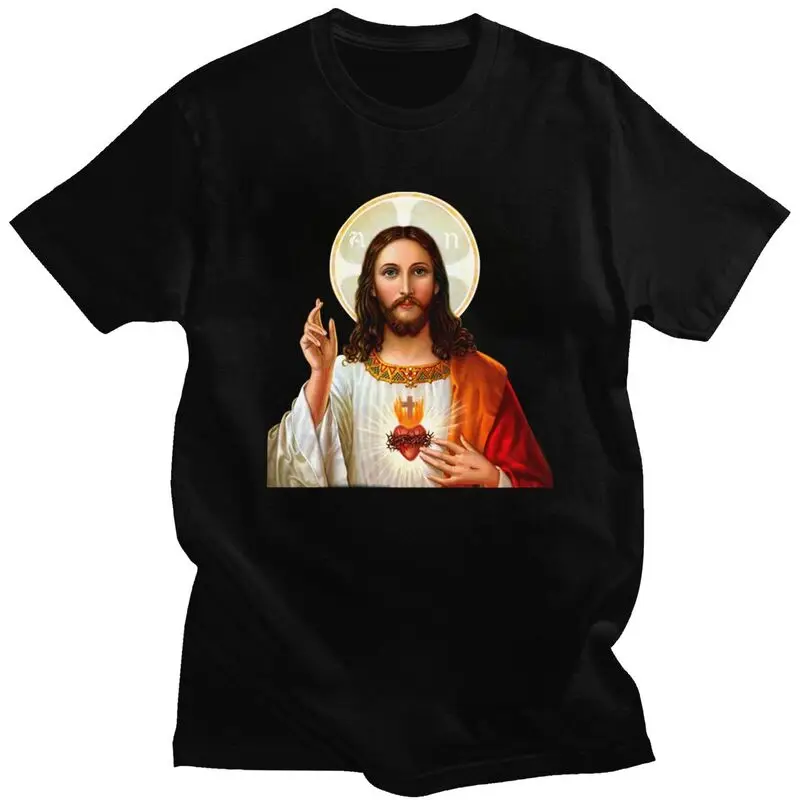 Custom Sacred Heart Of Jesus Tshirts for Men Short Sleeves Leisure Christian Catholic God T-shirt Pure Cotton Tees Gift Idea