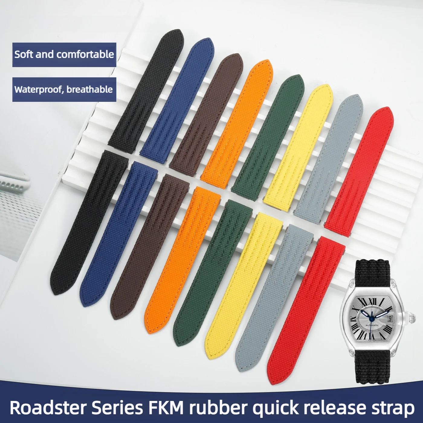 

Ремешок для часов Cartier Roadster W6206018 W6206017 W62041V3, 19 мм, 20 мм, из фторкаучука FKM, быстросъемный, замена ремешка из фторкаучука.