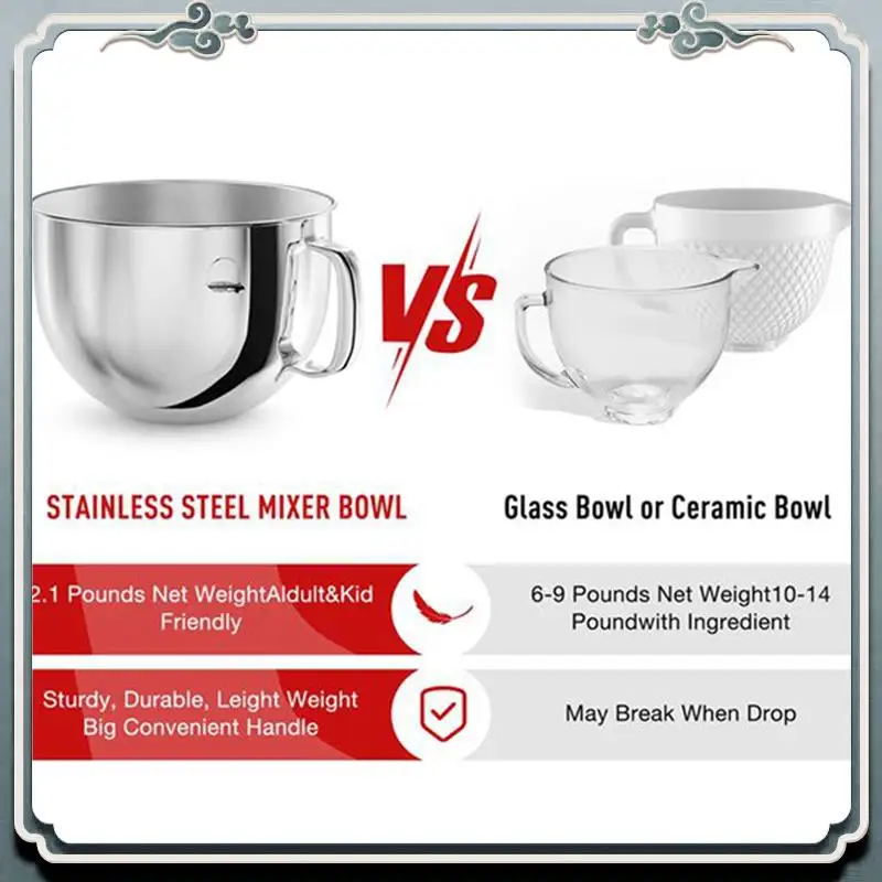 Durable Stainless Steel Bowl With Handle +Stainless Steel Inlet For Kitchenaid 6Q Bowl-Lift Stand Mixer Accessories