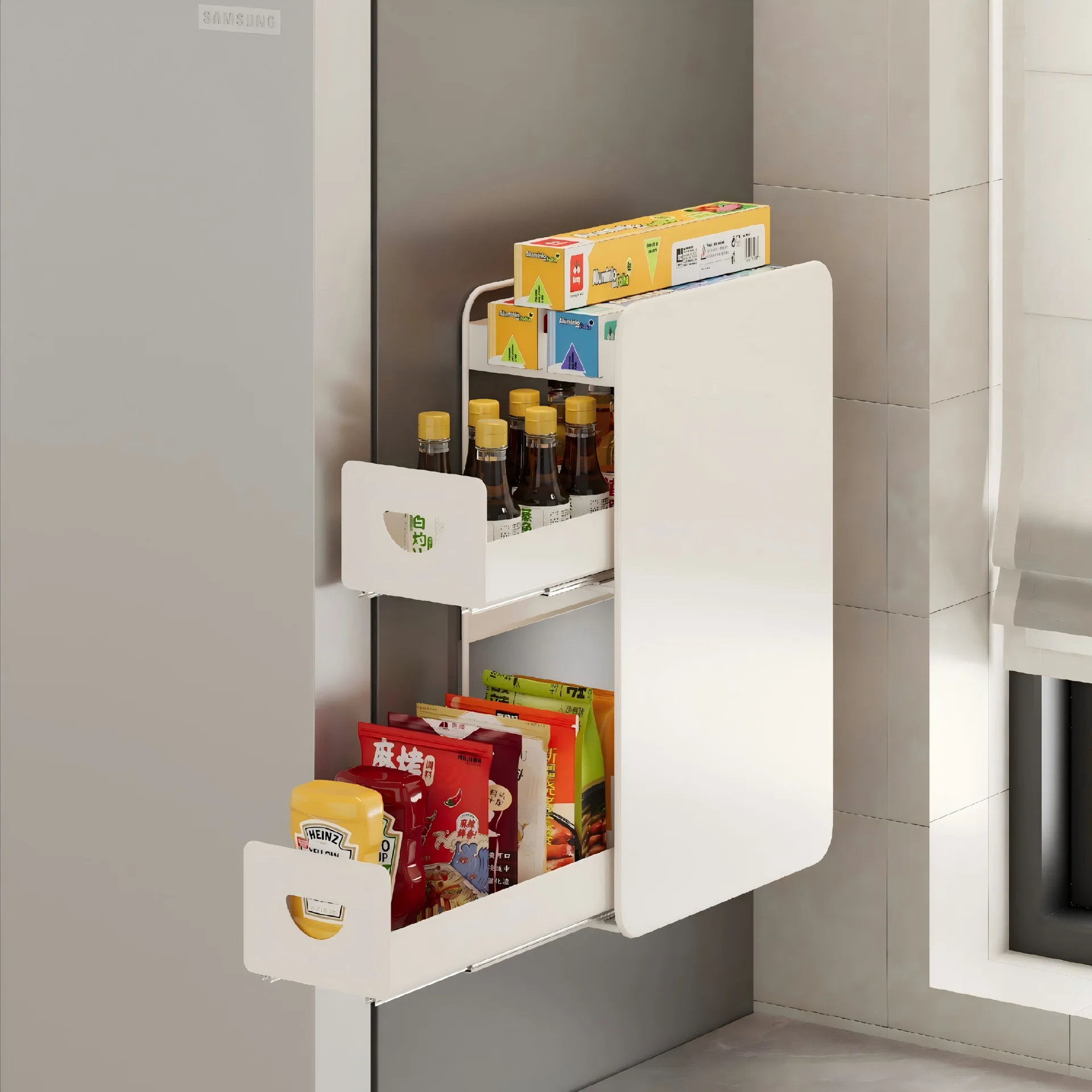 Magnetic Refrigerator Side Storage Rack Painted Metal Pull Out Slide Rail Organizer Dual Or Triple Tiers Backboard Open Basket