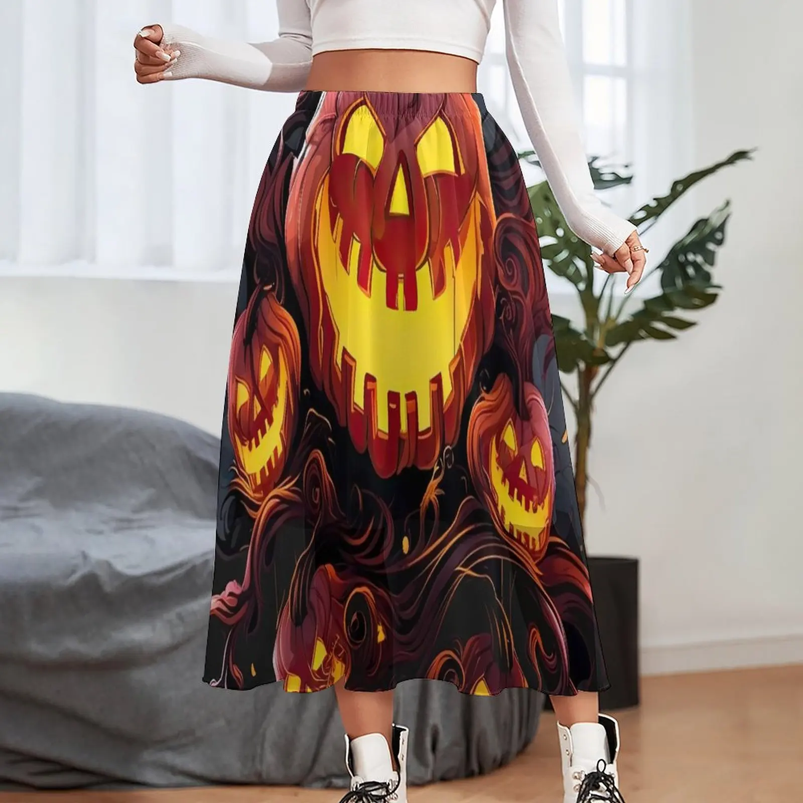 Pumpkins in Fire Skirt Funny Halloween Trendy Boho Skirts Summer Harajuku Elastic Waist Chiffon Custom Oversized A-line Skirt