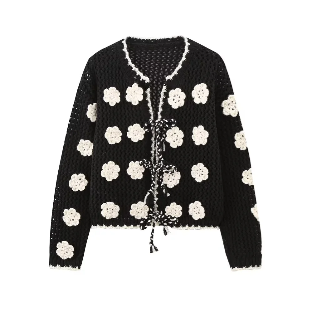 

PB&ZA2024 autumn new women's clothing style slim fit contrasting color flower tie hollow knit cardigan sweater jacket