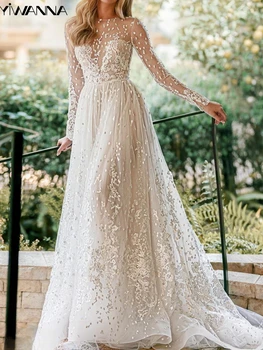 Bescheidenes Langarm-Hochzeitskleid mit klassischen Spitzenapplikationen, Brautrobe, elegantes A-Linien-langes Brautkleid, individuelle Robe De Mariée