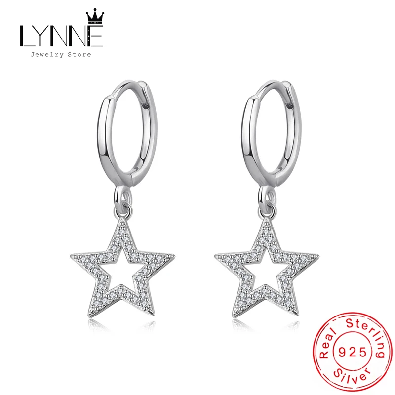 

New 925 Sterling Silver Stars Zircon Pendant Hoop Earrings Women&Girl Jewelry Gift Fashion Fine Rhinestone Dangle Ear Circle