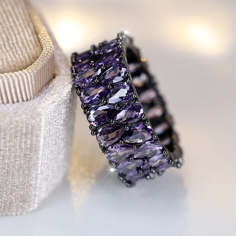 Vintage Gothic Black Purple Stone Band Ring for Women Men Luxury Jewelry Full Zircon Mystic Couple Rings Size 5 to 13