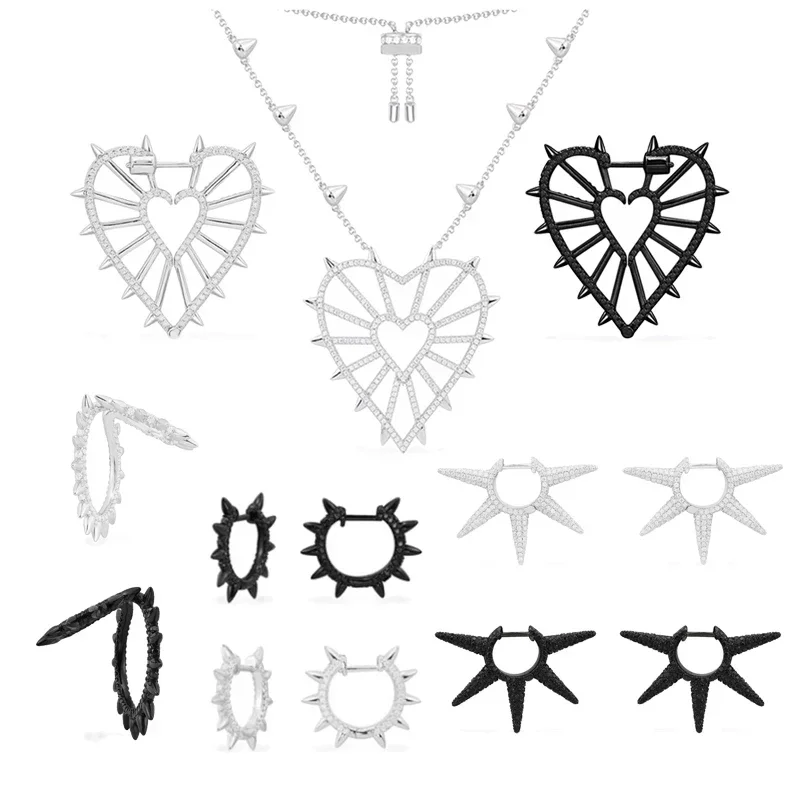 

Eomm S925 Sterling Silver Black White Spike Mesh Hollow Out Love Heart Earrings Necklace Women Unique Exaggerated Retro Jewelry