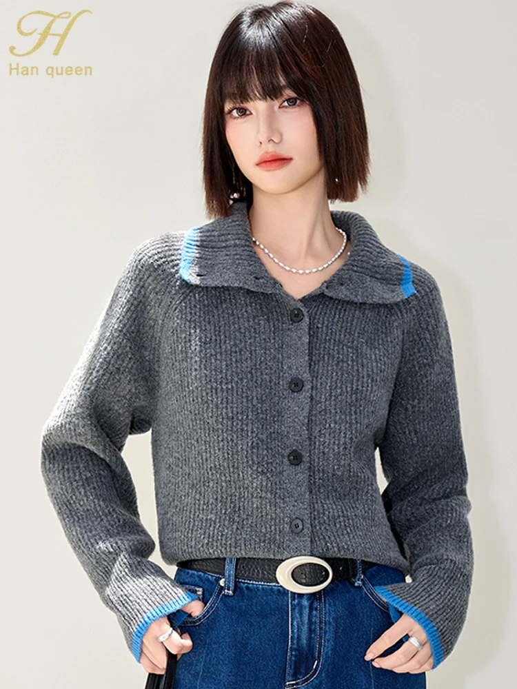 

H Han Queen, новый ленивый стиль, контрастный цвет, однобортный элегантный кардиган, свитера с длинными рукавами, винтажная повседневная женская одежда