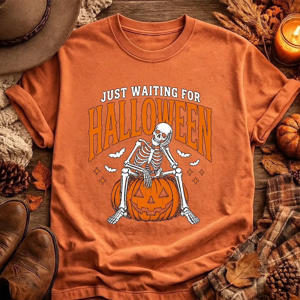 Just Waiting for Halloween Skeleton Pumpkin T-Shirt Unisex Men Women Cotton Short Sleeve Cute Graphic Tee Fall Top Women Clothes