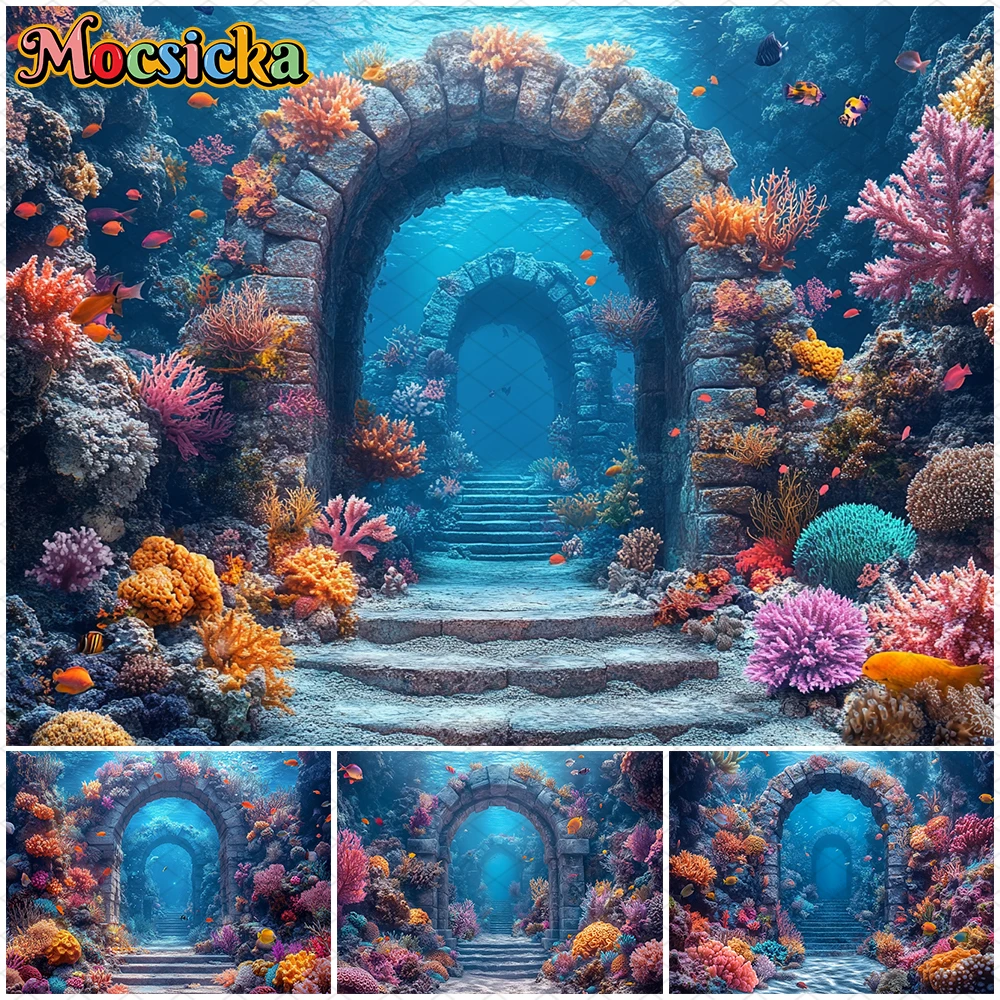 

Mocsicka Birthday Party Photography Background Ocean Underwater Gate Coral Decorations Boy Portrait Photo Backdrop Studio Banner