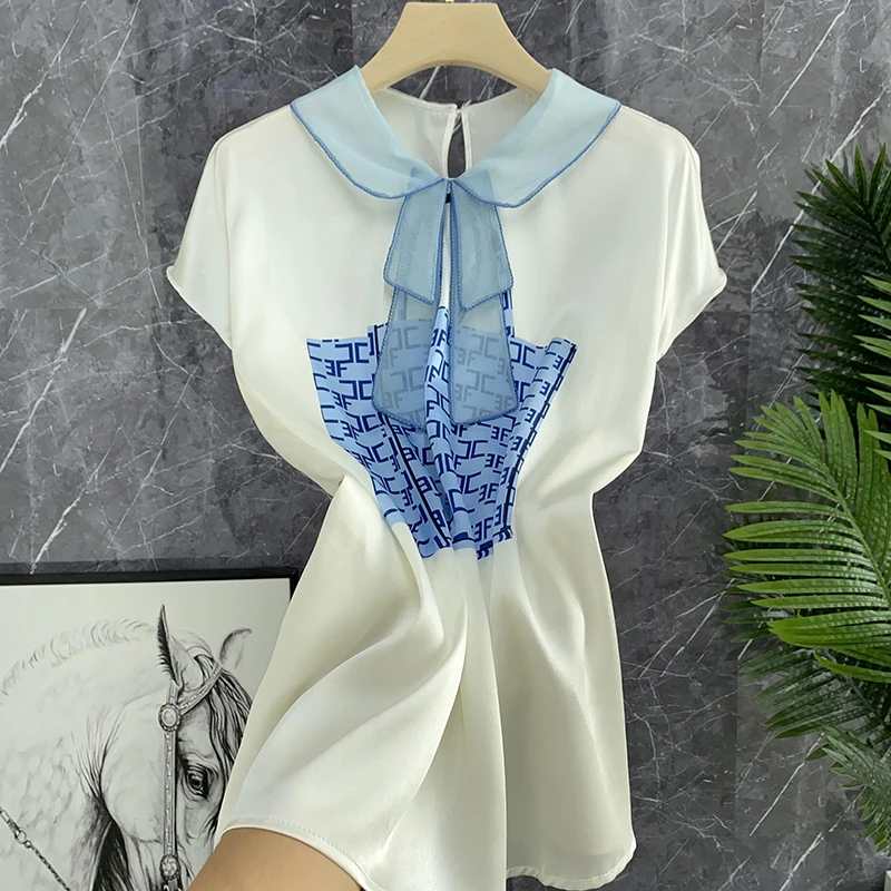 

Silk Short Sleeve Shirt Women Summer Fashion Anti-Aging Doll Collar Sash Letter Print Neck Straight Cut Commute