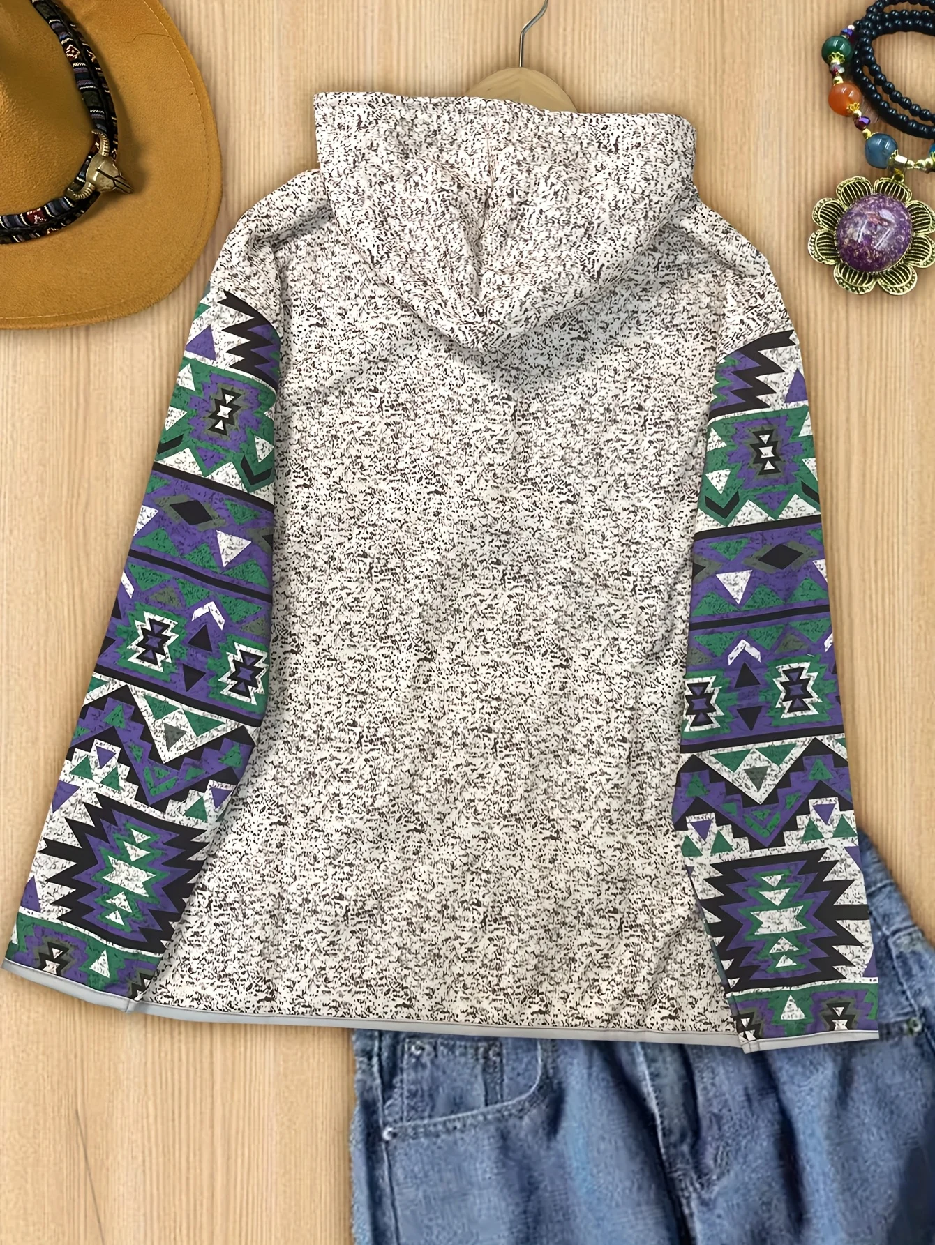 Moletom feminino com capuz casual com estampa étnica ocidental retrô com botão de pressão top feminino