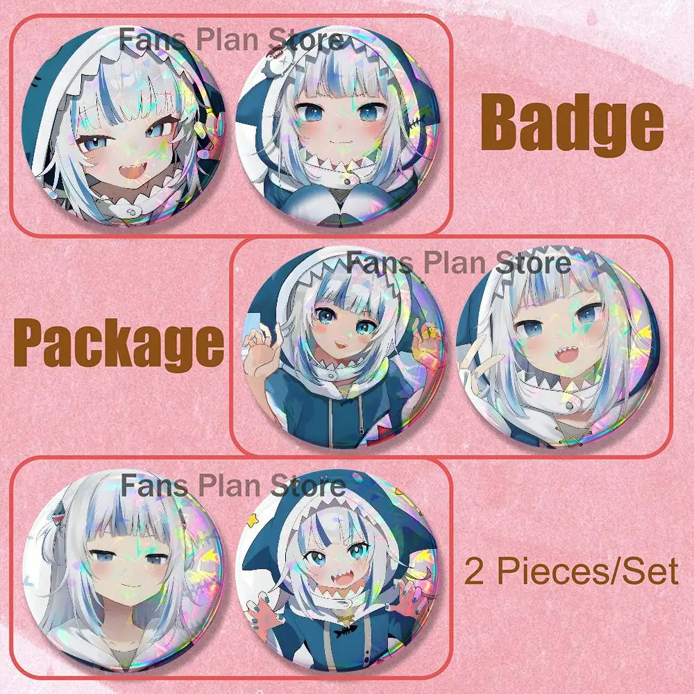 G-Gawr Gura Brooches For Backpack Accessories 25,32,44,58,75mm Round Enamel Pins 2-piece Set Cartoon Anime Badge