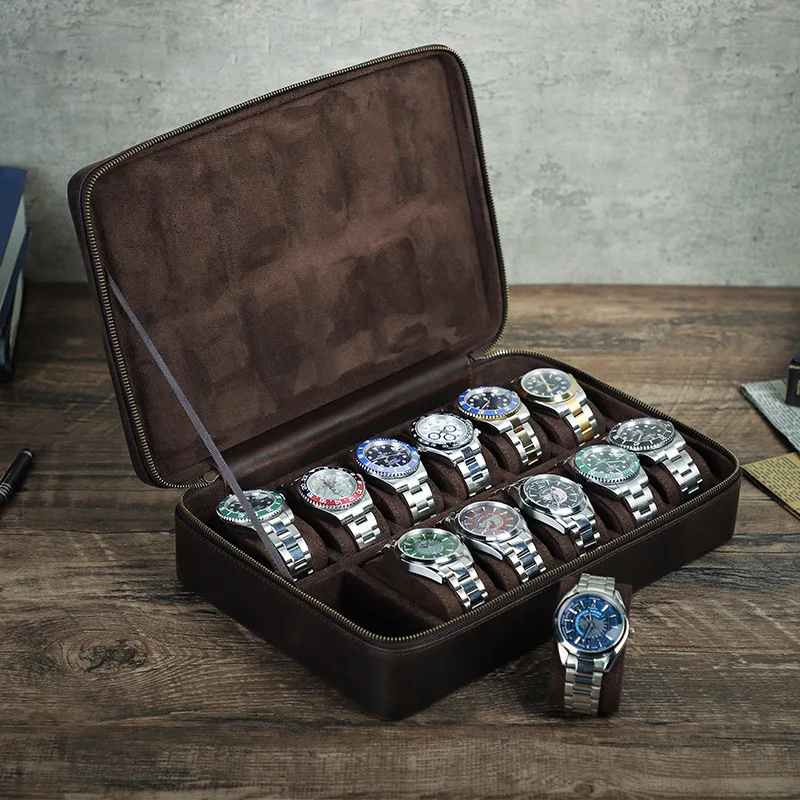 Vintage Genuine Leather Luxury 10/12 Slots Watch Case Organizer Men Jewelry Storage Box Zipper Travel Box Portable Men Watch Box