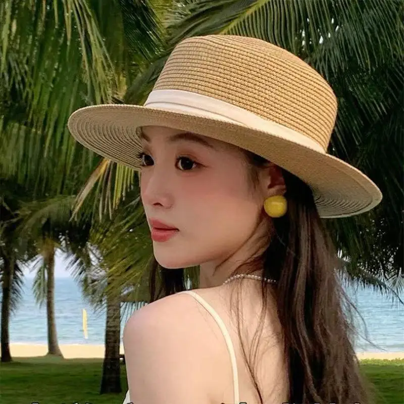 1Pcs Fashion French Style Flat Top Straw Hat Beach Sun Hat Travel Vocation Women Summer Straw Hat