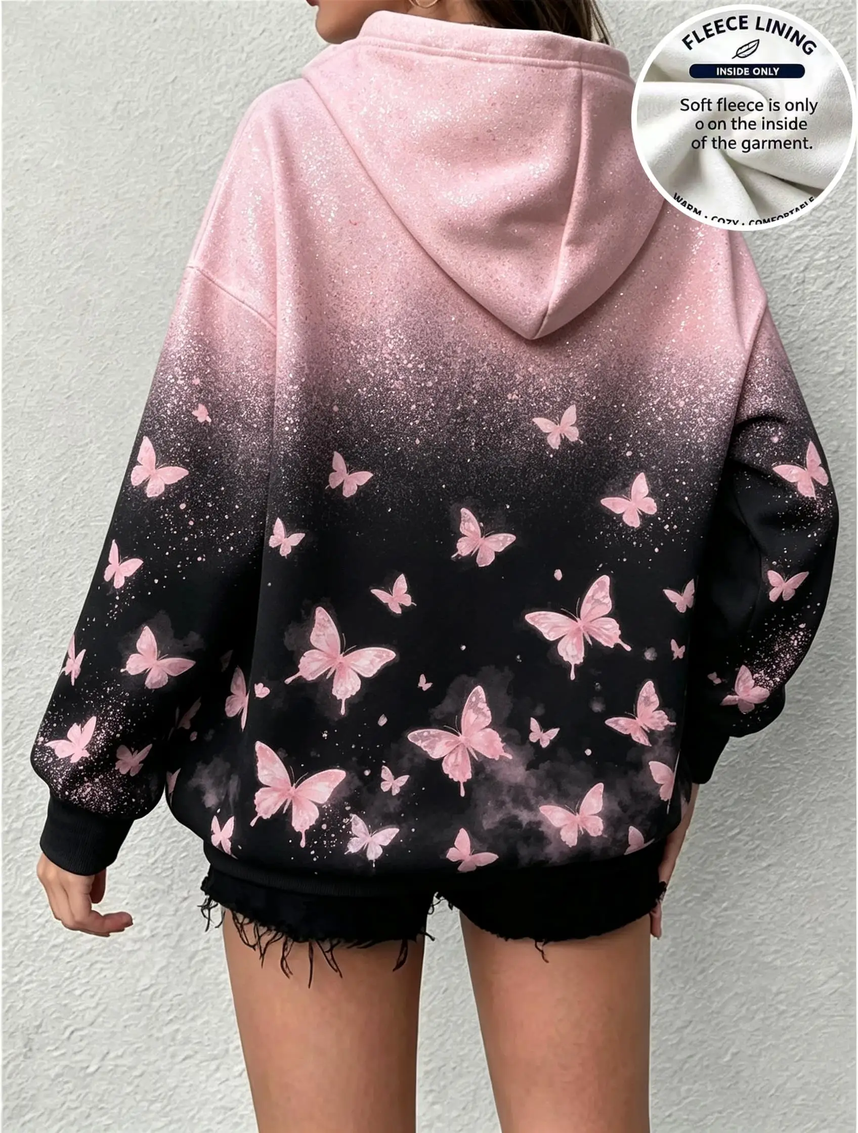 Women Fleece Hoodie Pink Black Gradient Glitter Butterfly Back Print Long Sleeve Drawstring Pocket Hooded Sweatshirt