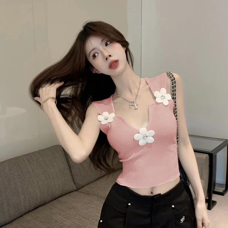 Korean 3D Floral Tank Top Women Deep V-Neck Sweet Summer Vacation Fashion Vest Solid Skinny Stretchy Harajuku Cropped Tops