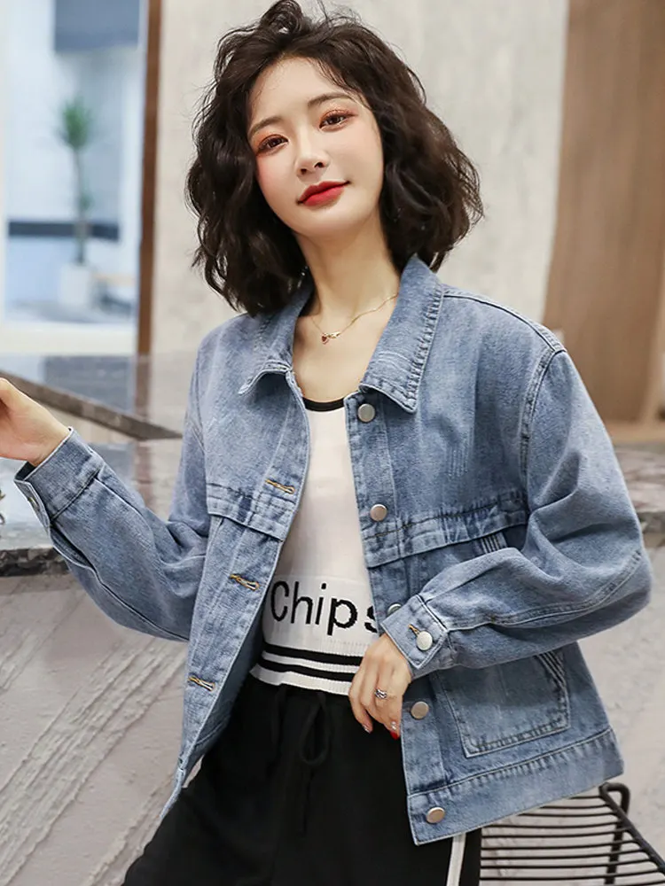 Fashionable Short Blue Denim Jacket Women's Spring Autumn New Style Embroidered Pocket Diamond Embellished Commute Style Coat