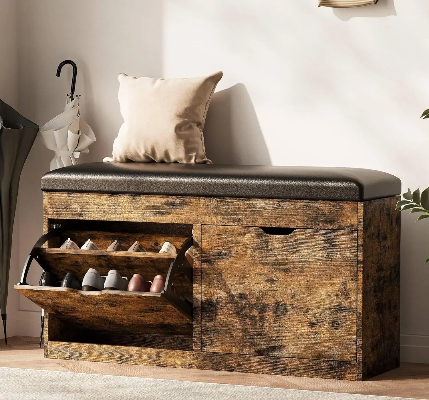 

40 Inch Vintage Brown Shoe Storage Bench With Flip Drawers Padded Seat Cushion Lift Top Organizer For Entryway Hallway Living Ro