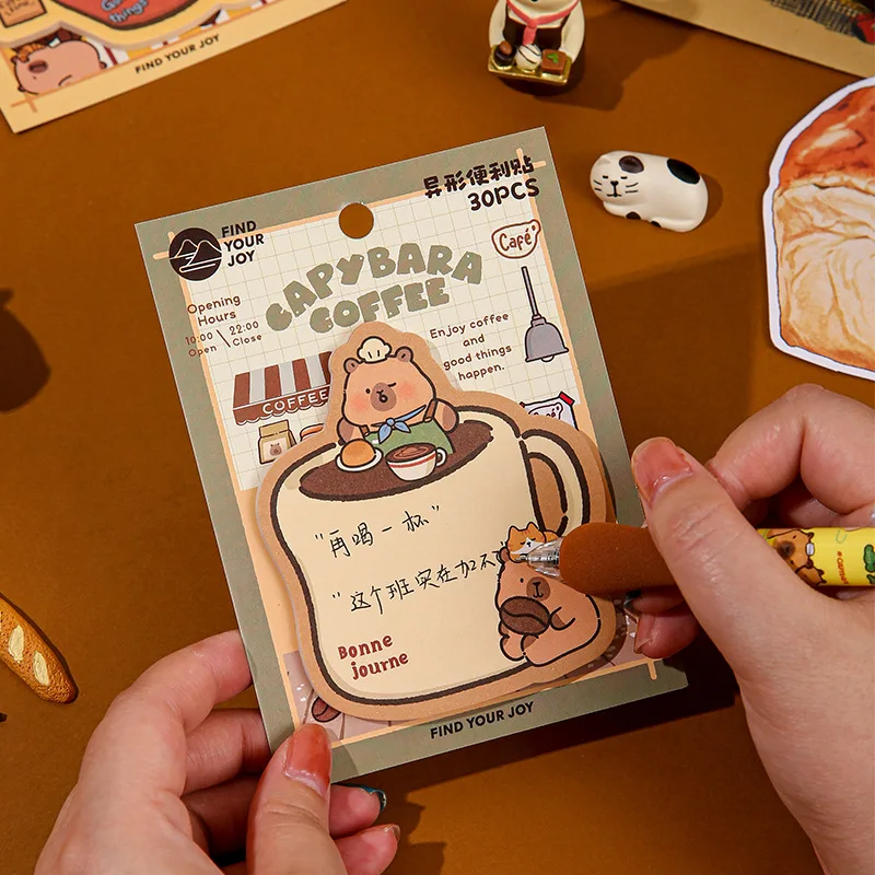 30 Buah/Set Catatan Tempel Kopi Kapibara Kartun Lucu Kartun Siswa Jurnal Meninggalkan Pesan Bantalan Memo Catatan Tempel untuk Siswa