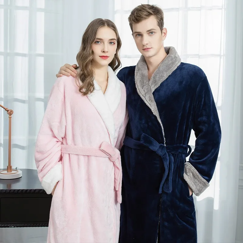 

Female Autumn and Winter Warm Long Coral Velvet Thick Couple Bath Bathrobes Men Women Pajamas Shower Robe Bath Towels For Adults