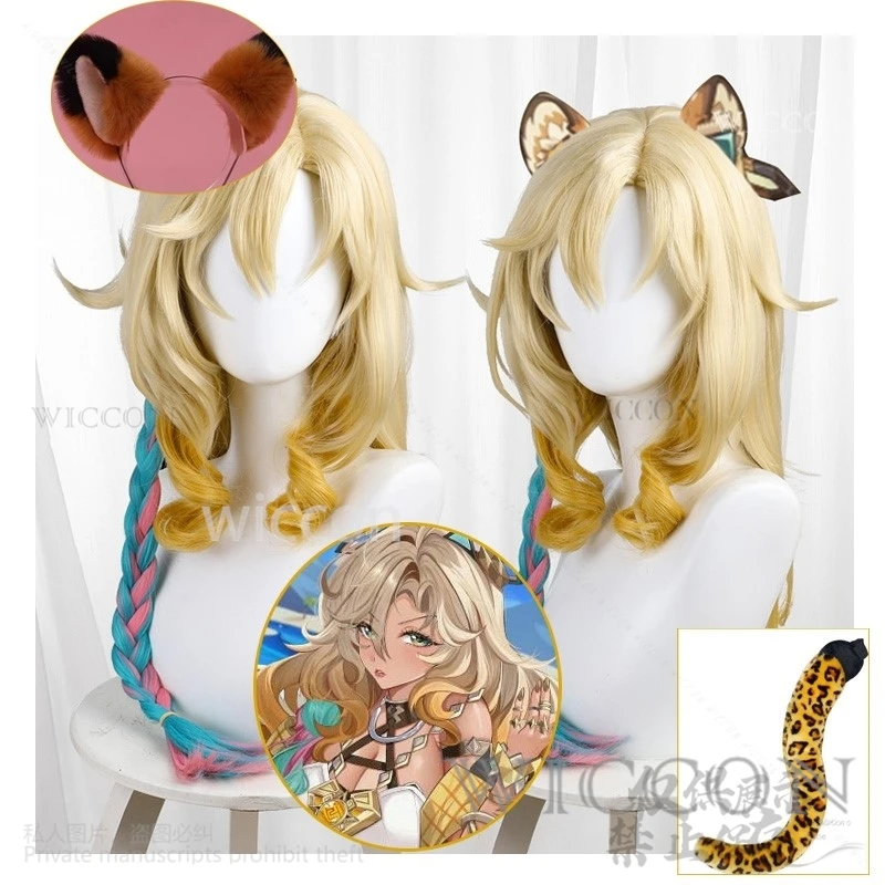 Anime jogo genshin impacto xilonen cosplay peruca dourado amarelo cabelo longo animal peludo headwear cauda cos festa de halloween para adereços