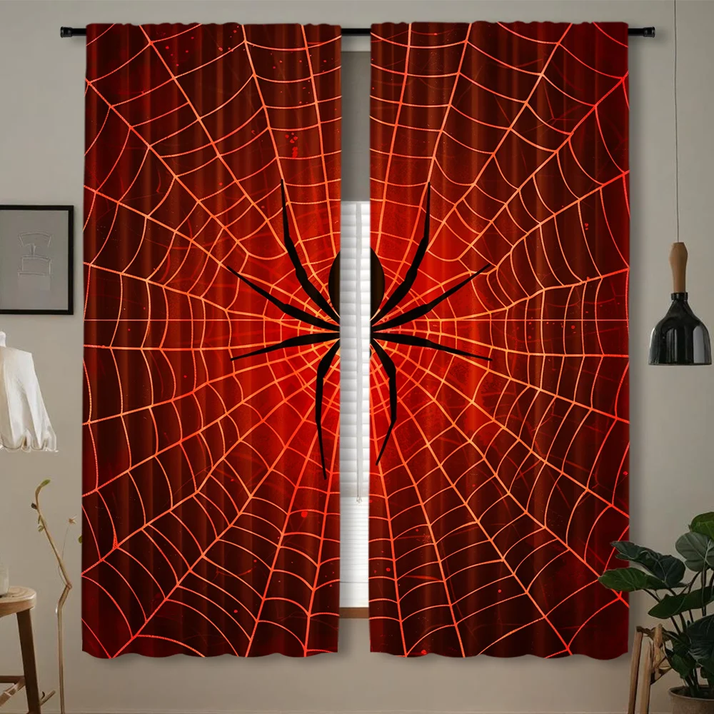 Red Spider Web Black Spider Curtains 2 Panels, Dark Gradient Red Web Halloween Horror Gothic Cool Decor Bedroom Curtain