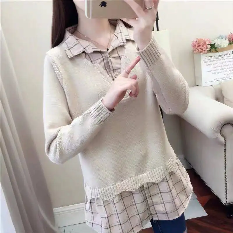 

Classical Sweater Shirt Fake Two Piece Women Fashion Knitted Ladies Pullover with Buttons Korean Long Sleeve Knitwear Tops E34