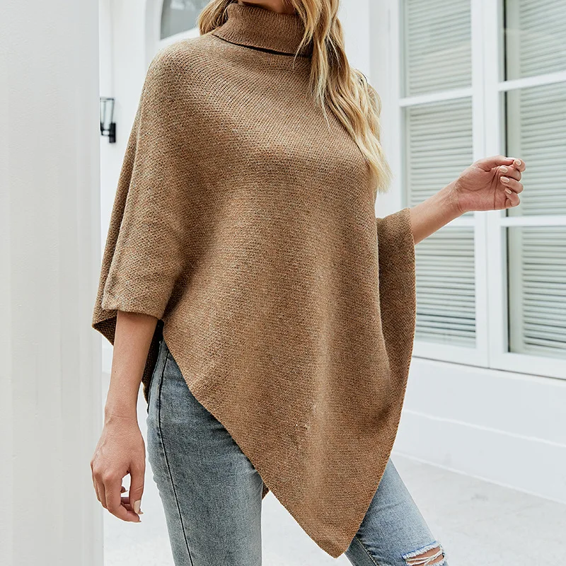 Fashion Autumn Winter Button Poncho Women Sweater Oversized Turtleneck Jumper Knitwear Holiday Vintage Cape  Sleeve Ponczo Cloak