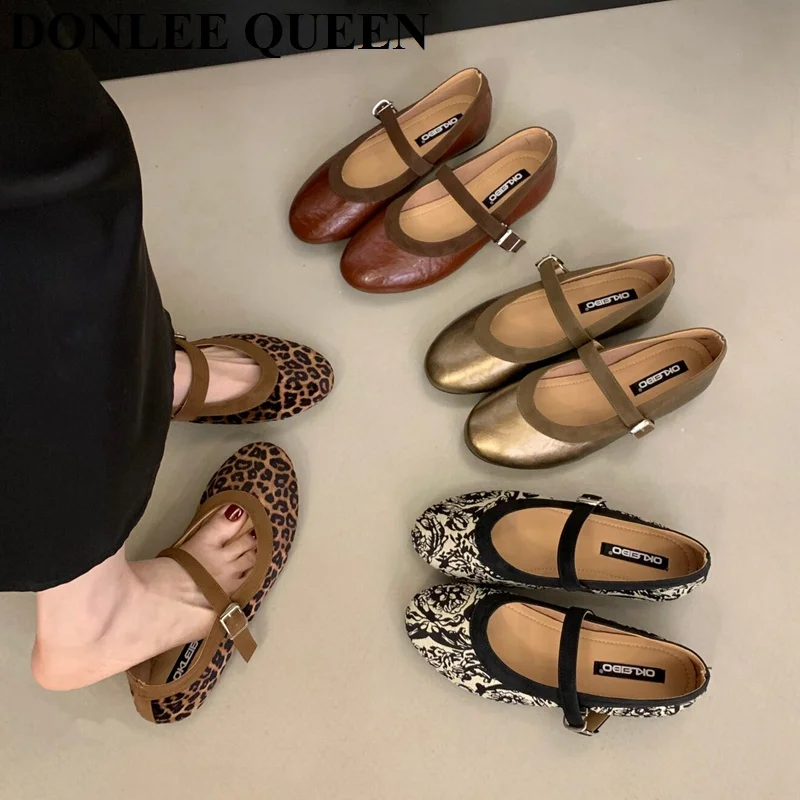 Vintage Women Marry Jane Flats Round Toe One-strap Buckle Ballet Shoes Leopard Floral Metallic Soft Sole Casual Flat Shoe Mujer