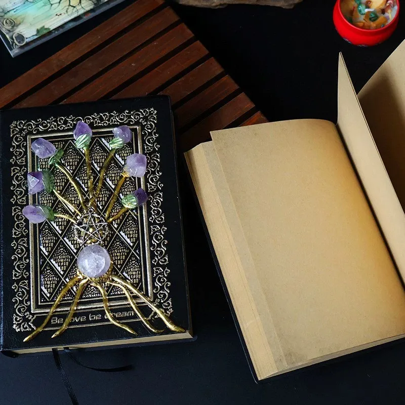 

Natural Amethyst Flower Vintage Magic Book Wizard Notebook Diary Travel Journal Planner Sketchbook for Collectors Gift