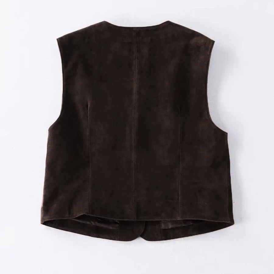 Nubuck Suede Top เสื้อผ้าผู้หญิงของแท้หนังเสื้อกั๊กสบายๆสไตล์ Retro อังกฤษ V คอ Layered สวมใส่ Chaleco Mujer