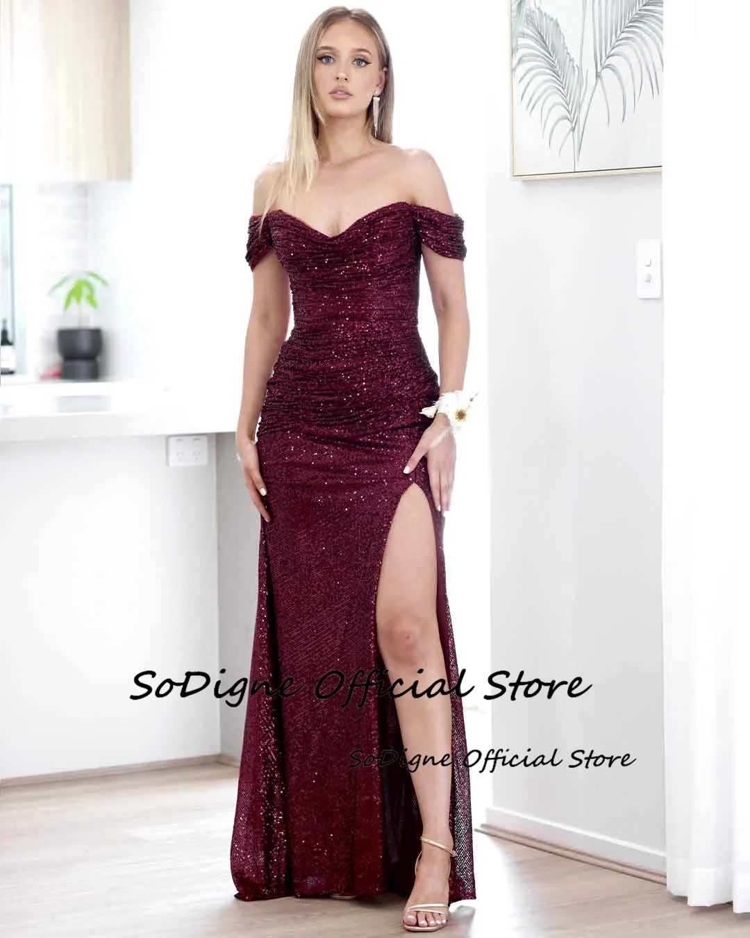 SoDigne Mermaid Glitter Elegant Bridesmaid Dresses Off Shoulder Sequin Split Gowns for Women Long Wedding Gust Dress Customized