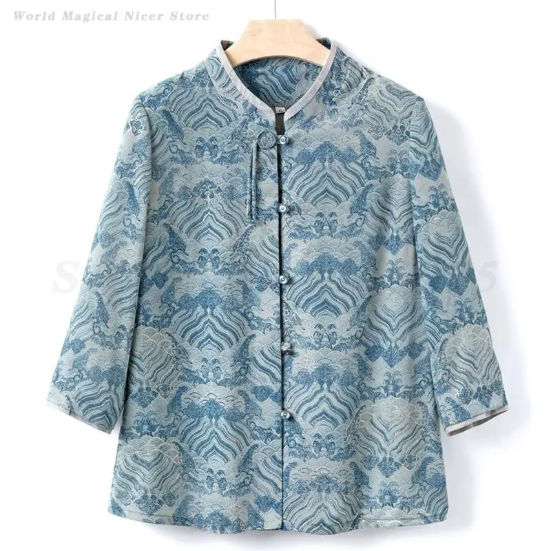 Plus Size 5XL Women's Blouses Spring Autumn Long Sleeve New Chinese Shirt Traditional Printed Tang Top Vintage Button Cardigan