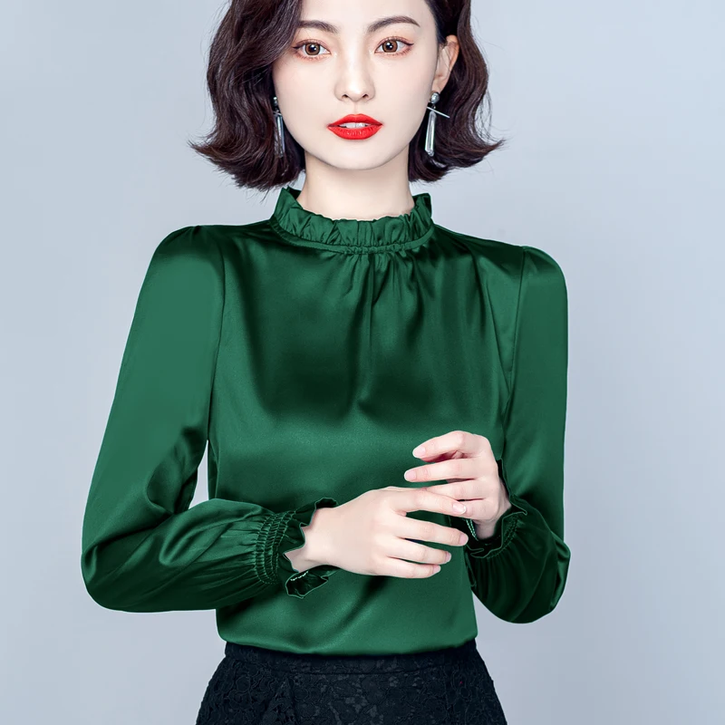 Ruffle Collar Front Pleated Satin Blouse Women Spring Basic Long Sleeve Tops Elegant Ladies Silver Gray Khaki Blouse - view 5
