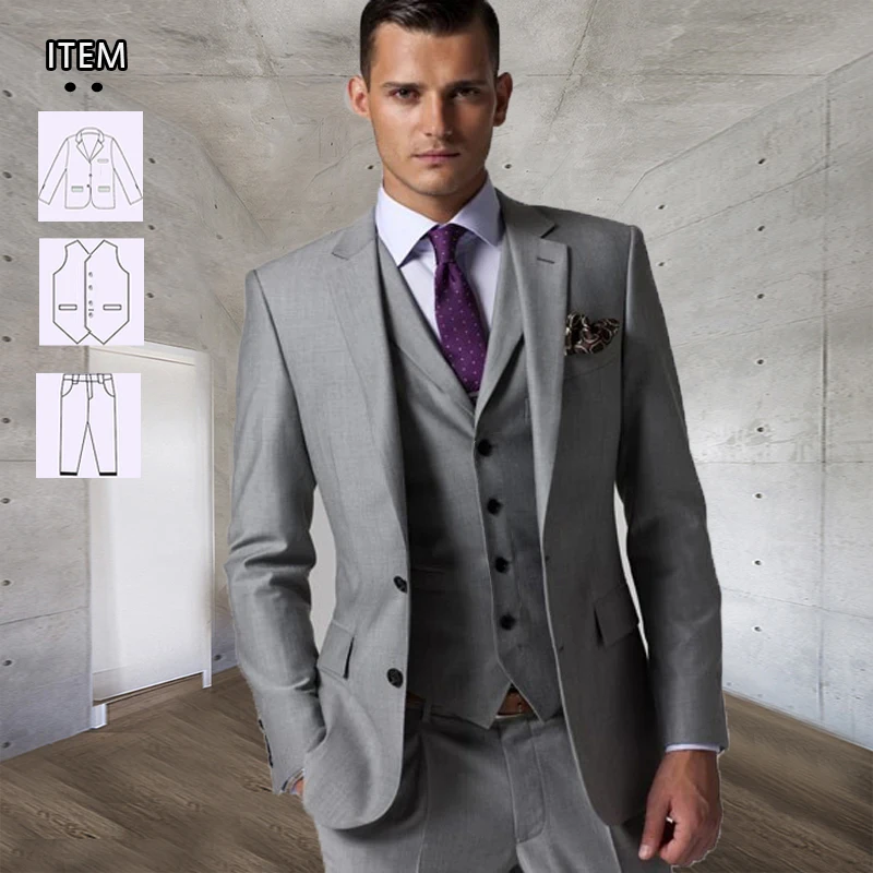 

Italian Design Men's Suits Formal Evening Party Dress Tailor-Made Groom Wear Wedding Tuxedo Plus Size Grey 3 Pieces Jacket Pants