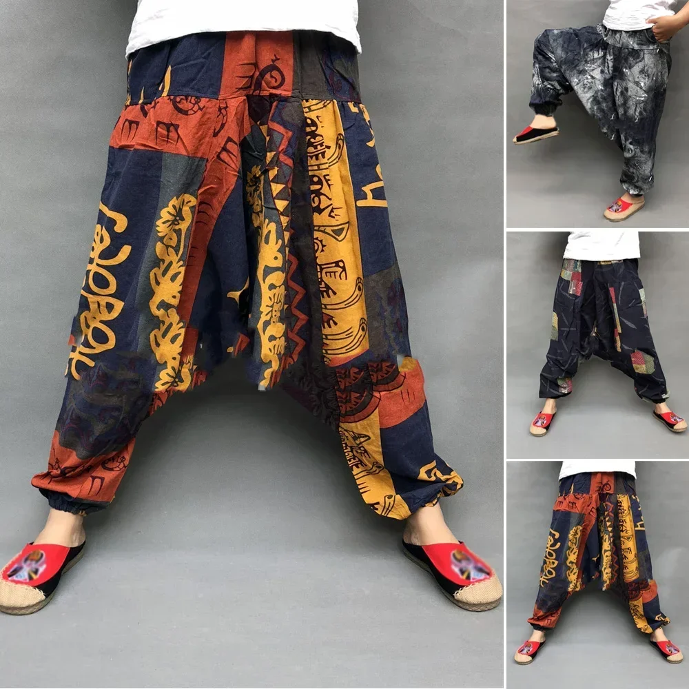 Vintage Man Pants Retro Casual Harem Cotton And Linen Baggy Ethnic Printing Large Crotch Loose Clothing Trousers Pants For Men