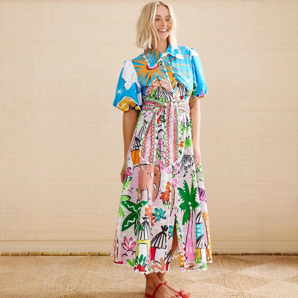 

2025 новое модное элегантное модное льняное свободное платье длиной до колена с короткими рукавами, платье-кардиган с индивидуальным принтом и воротником рубашки