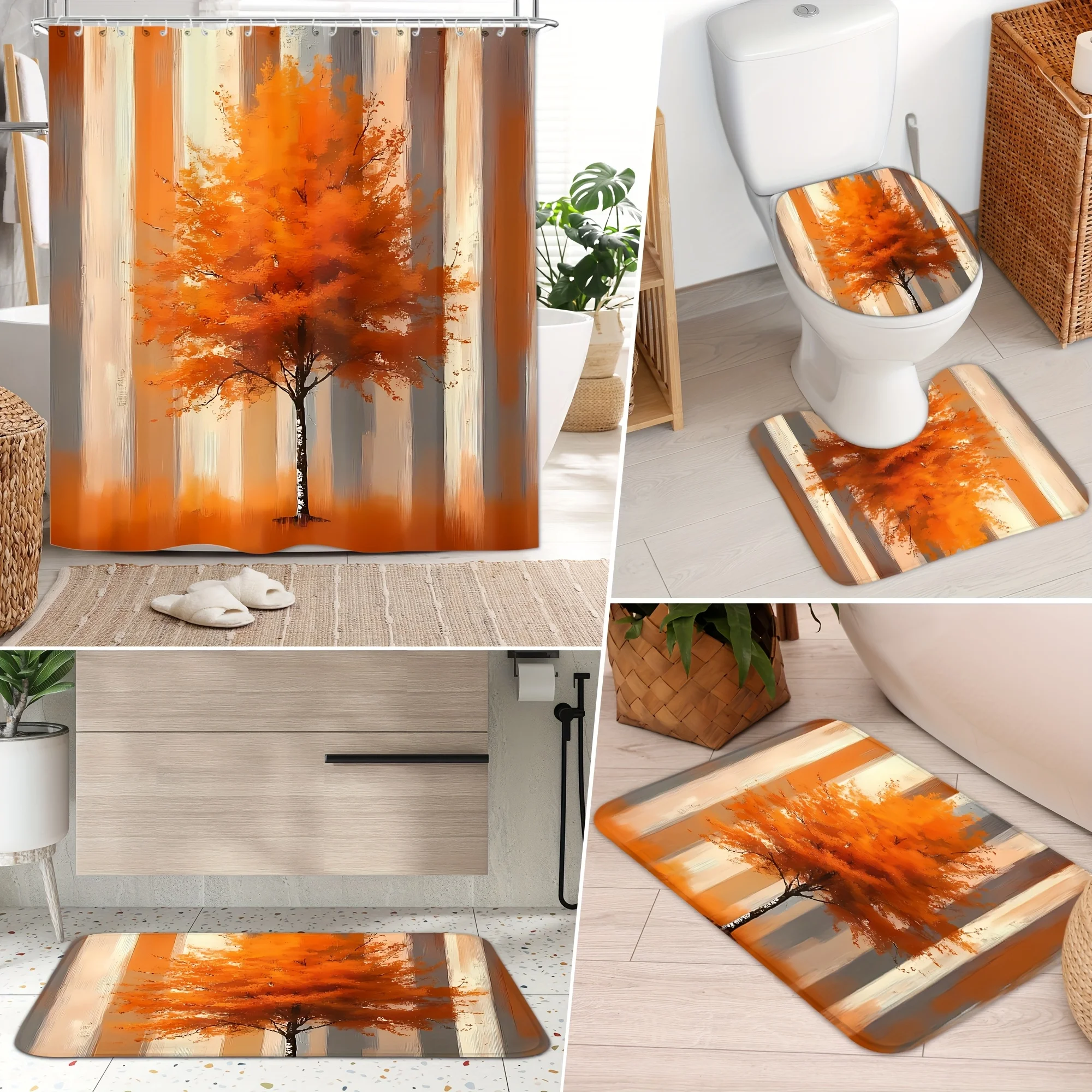 4pcs Fall Shower Curtain Sets, Thanksgiving Autumn Harvest Maple Leaves Bathroom High Quality Shower Curtain Bathroom Sets Full Set with 12 Hooks, Bath Mat, Toilet Lid Rug, Non-Slip U Shape Mat, Thanksgiving Gift, Autumn Bathroom Decor And Accessories