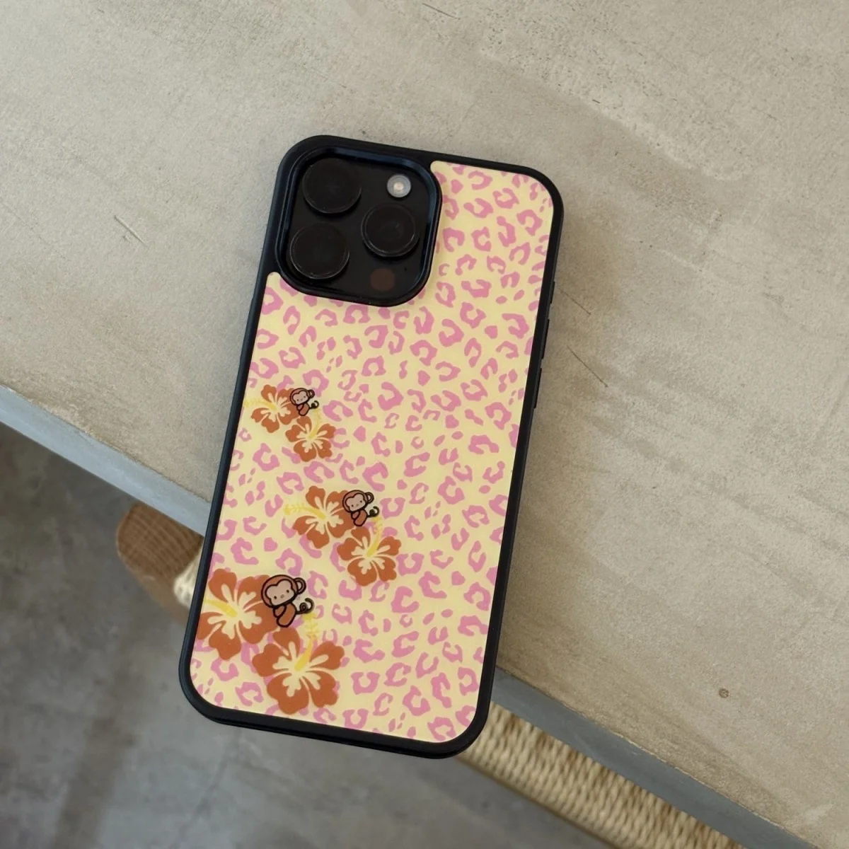 Korean Ins Hibiscus Pink Leopard Print Monkey Phone Case For iPhone 17AIR 17 16 15 14 13 12 11 Pro Max 7 8 Plus Mini Y2K Cover