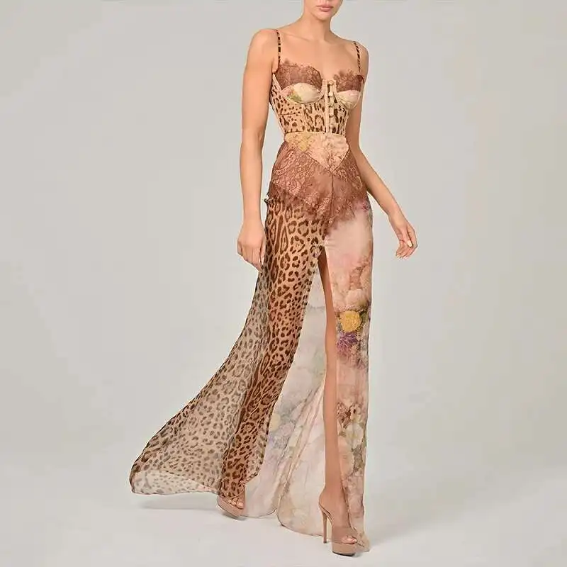 Leopard Print Patchwork Slim Club Sexy Perspective High Split Long Dress Fashion Lace Off Shoulder Suspender Women Dresses