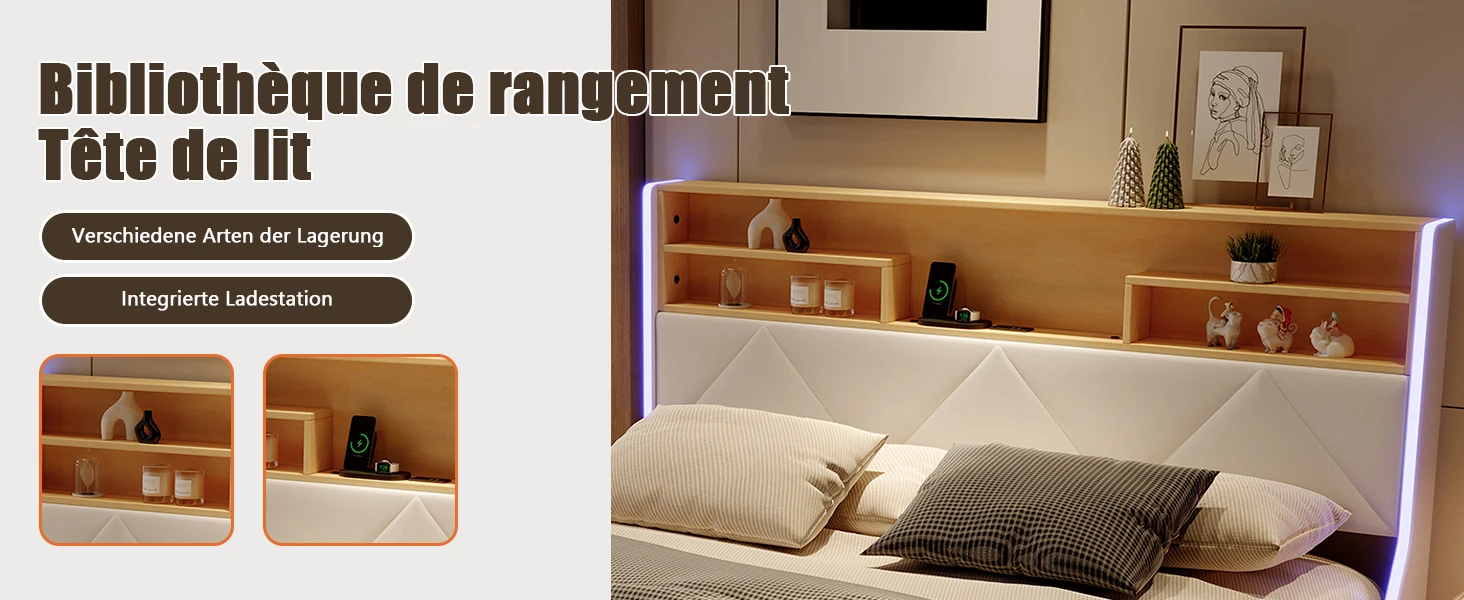Comanlai Gepolstertes Doppelbett mit LED und USB, Jugendbett mit 4 Schubladen, Funktionaler Bettrahmen mit Stauraum im Kopfteil, Leinen – Detail 5