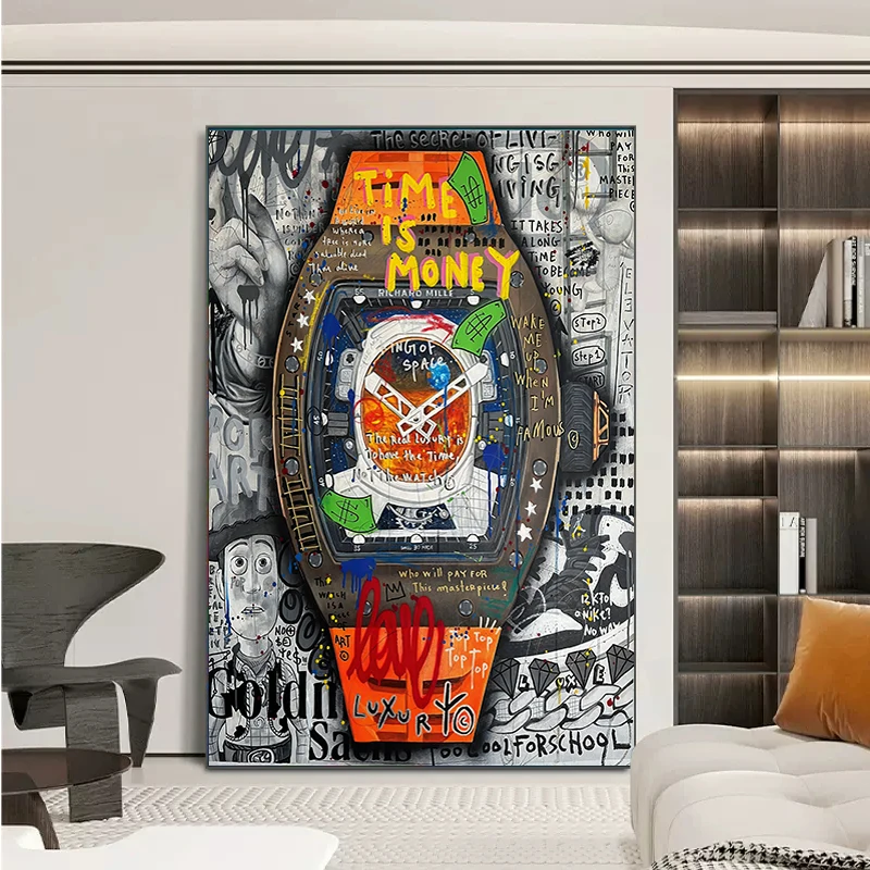 Motivational Street Graffiti Art Poster Time Is Money Watch Pop Art Canvas Painting Luxury Wall Art Picture Living Room Decor