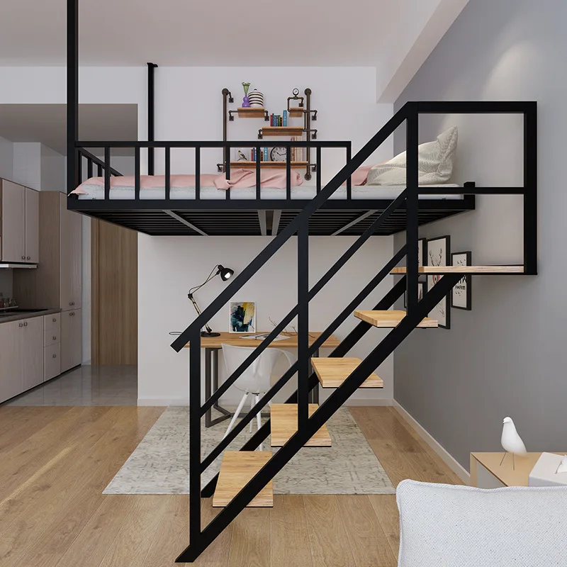 Apartment duplex wrought iron bed small apartment household ceiling bed loft B & B creative space saving elevated