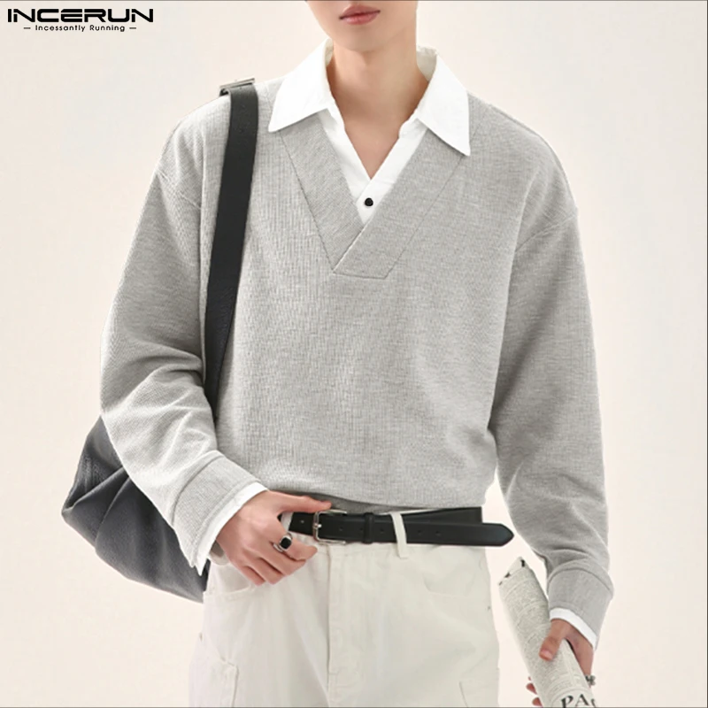 

INCERUN Мужская рубашка в стиле пэчворк с лацканами и длинным рукавом в корейском стиле, повседневная мужская одежда, уличная одежда, свободные модные мужские рубашки S-5XL 2025