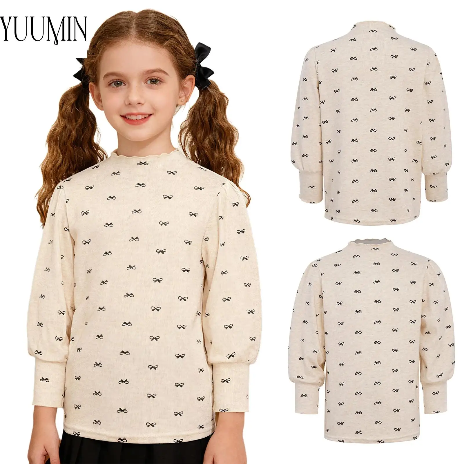 

Kids Girls Cute Bowknot Print Thermal Top Long Sleeve Pullover Undershirt Kids Basic Base Layer Shirt for Yoga Casual Daily Wear