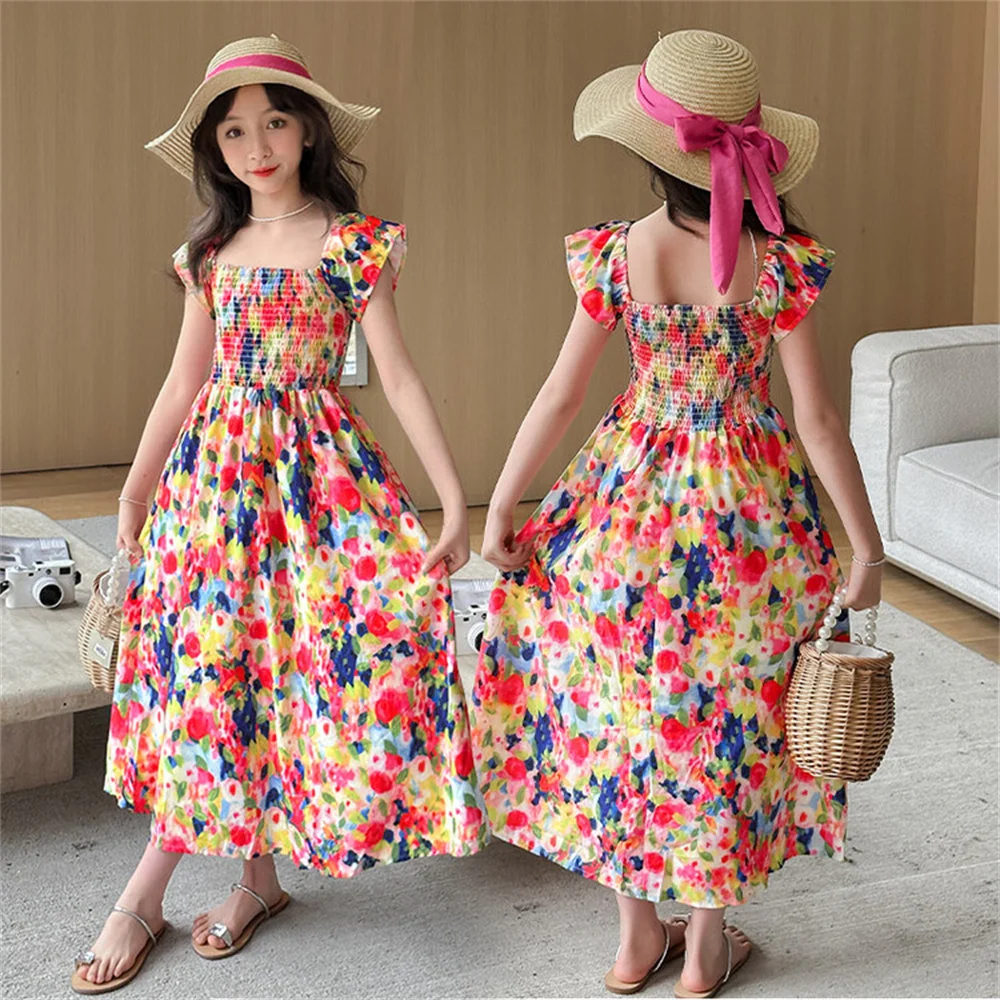 

2426 Summer Children's Dress Girl's Fragmented Flowers Dress Bohemian Dress With Suspender Square Neck Girl's Long Skirt