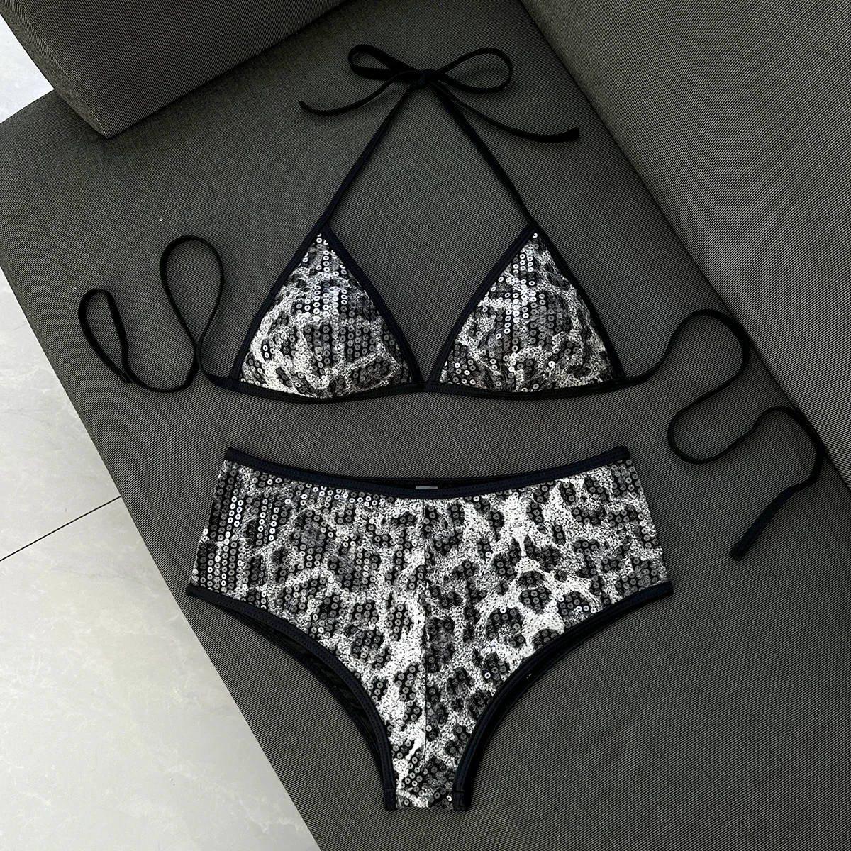 sexy glitter sequin leopard back tie bikinis sets two pieces high waist swimsuits bathing suit swimwear biquini tankini trikini